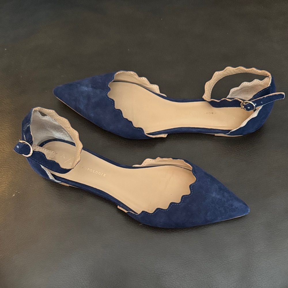 Anthropologie Navy Suede Scalloped Flats
